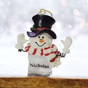 Personalized Icecube Snowman Ornament with Black Hat and Red Scarf